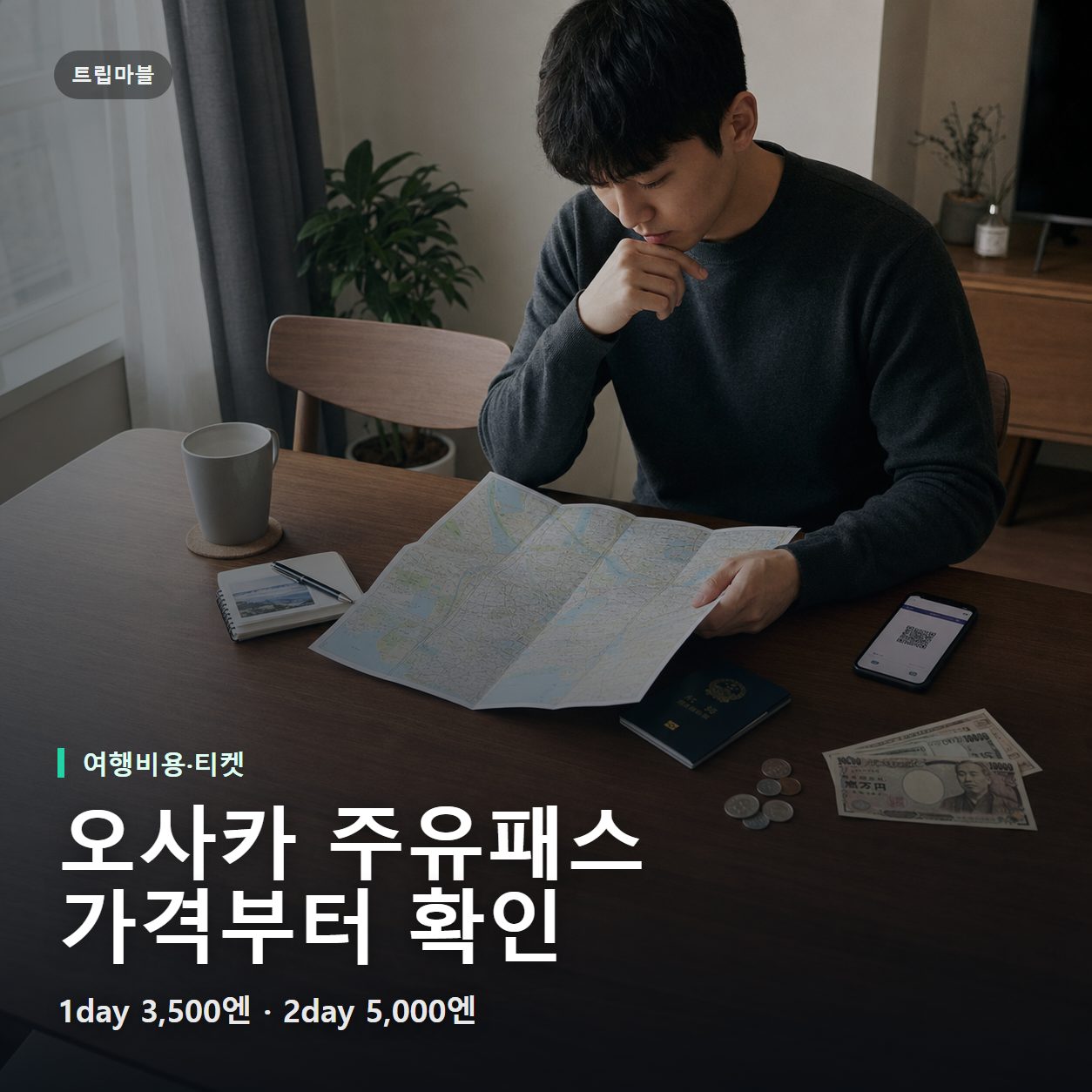 서울 집에서 오사카 주유패스 가격을 계산하는 한국인 여행자