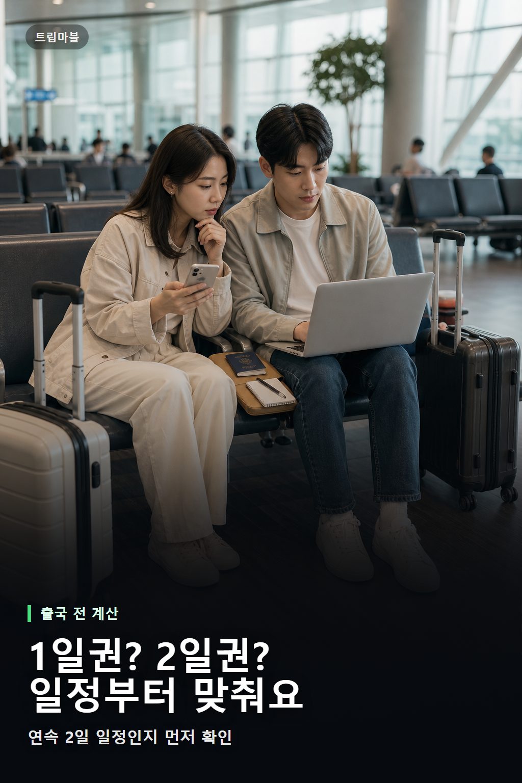 인천공항에서 오사카 주유패스 1일권과 2일권을 비교하는 한국인 커플