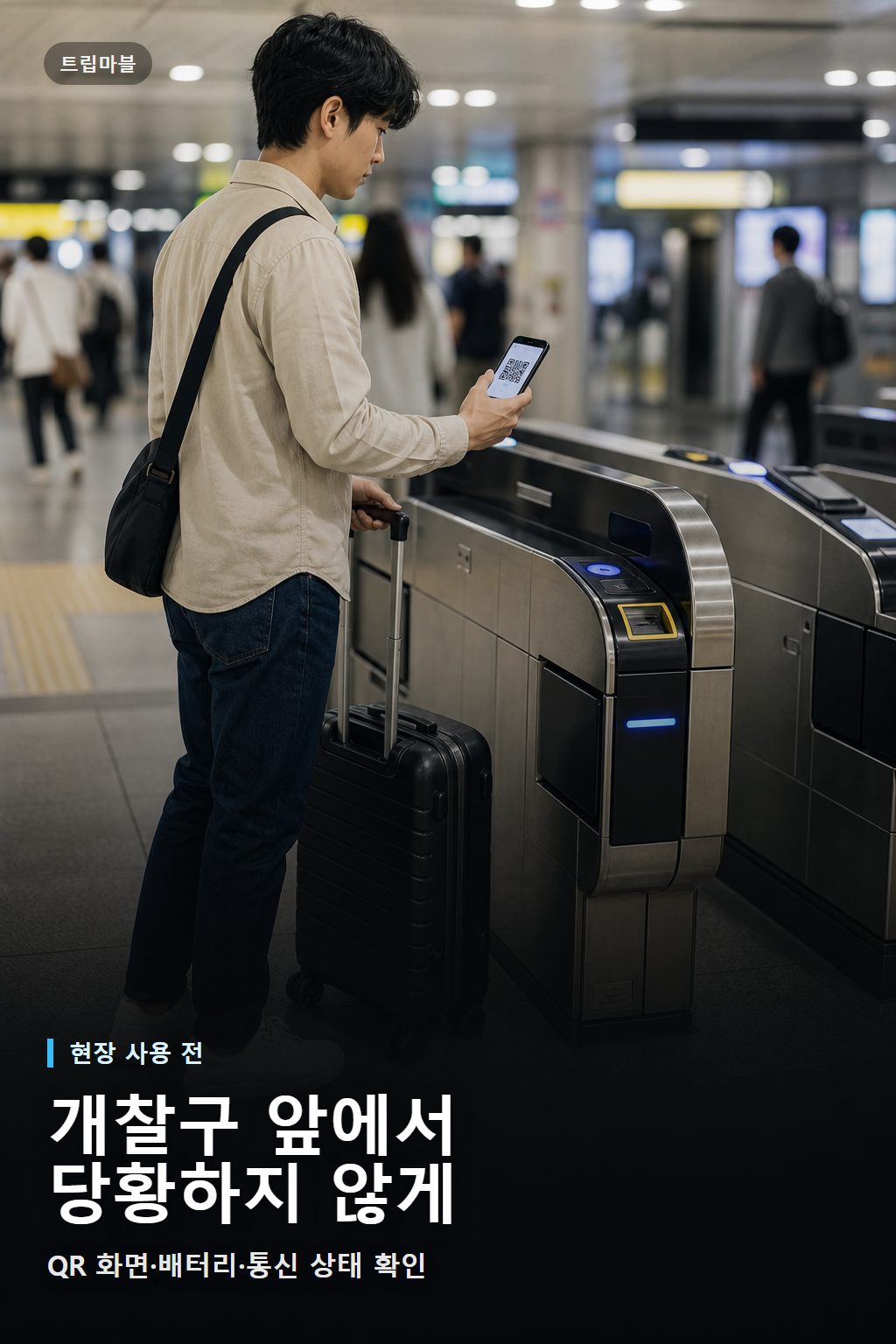 오사카 지하철 개찰구 앞에서 주유패스 QR 화면을 준비하는 한국인 여행자