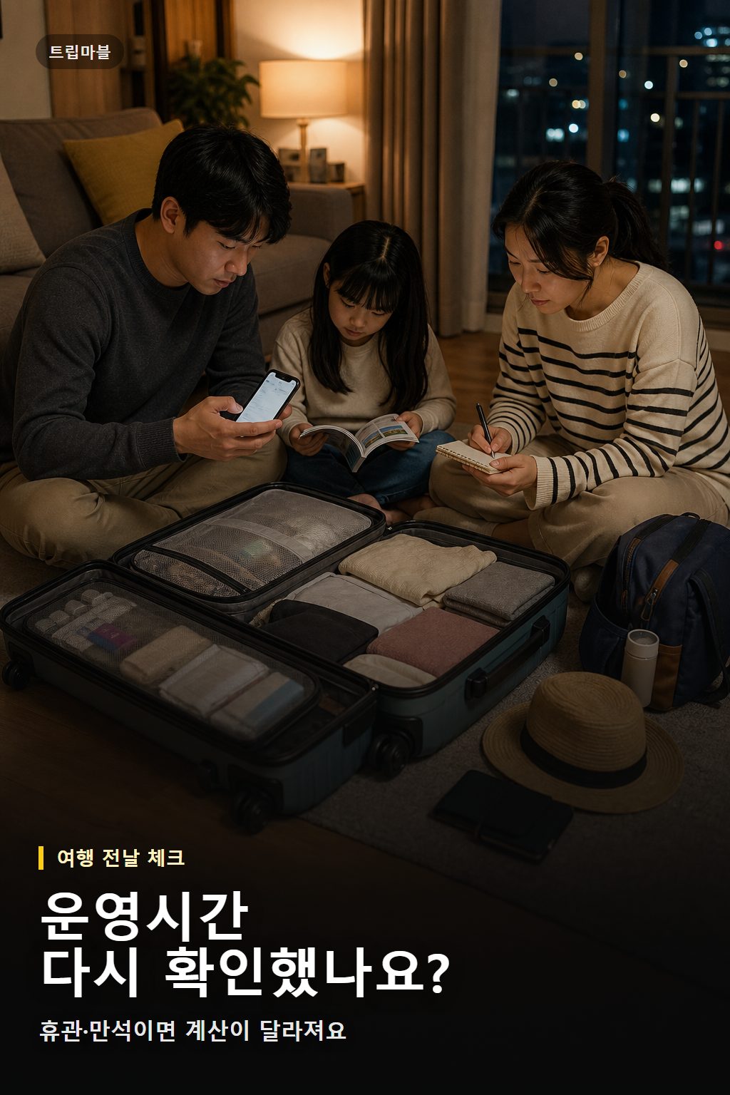 여행 전날 오사카 주유패스 시설 운영시간을 확인하는 한국인 가족