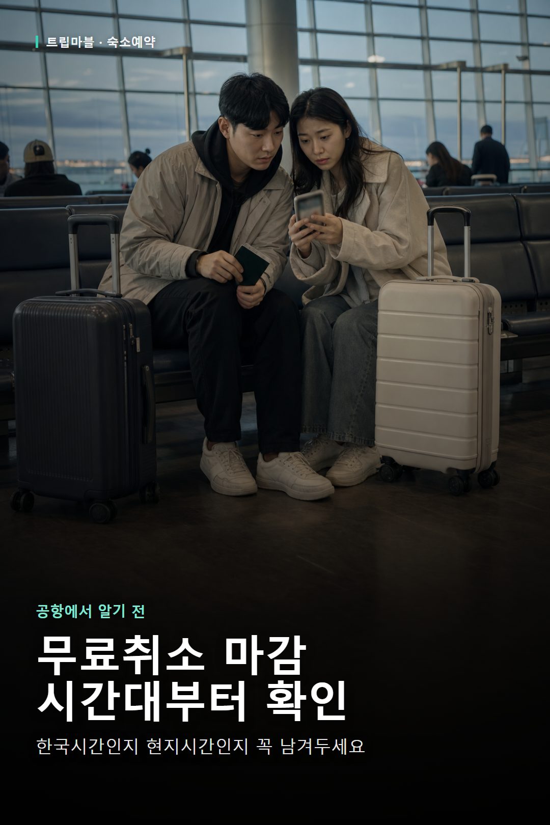 인천공항에서 무료취소 마감 시간을 확인하는 한국인 여행자 커플