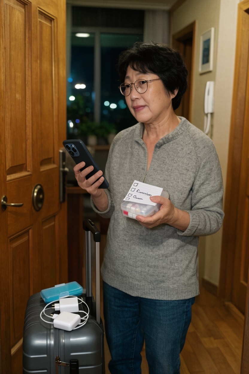 부모가 항공사 앱과 공항 교통 앱으로 환승 동선을 미리 점검하는 장면