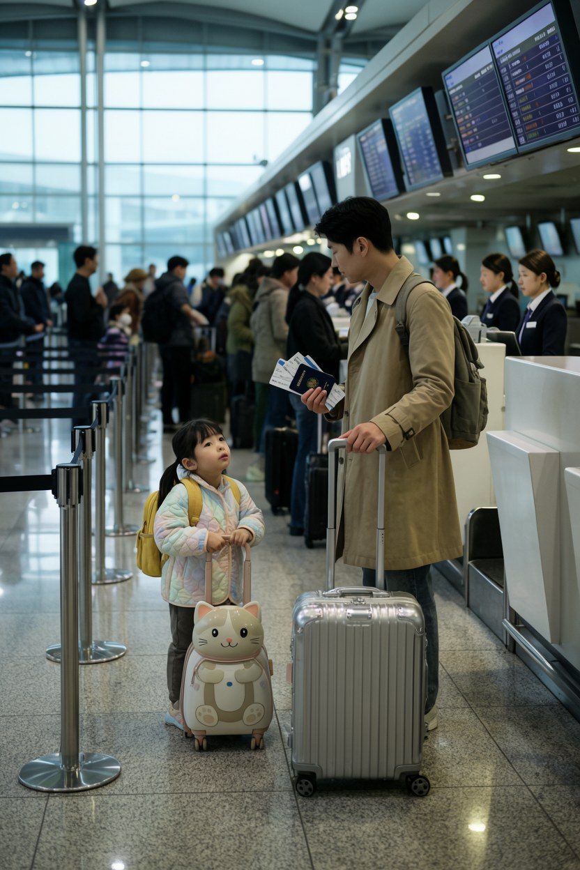 출발 전날 현관에서 체크리스트와 약품·충전기를 확인하는 장면