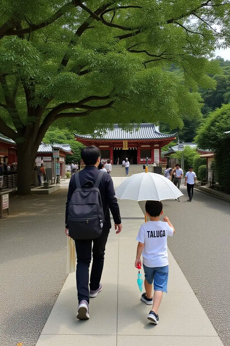 다자이후텐만구 가족 코스 장면, 오전 그늘진 참배길에서 부모와 초등학생 아이가 천천히 이동하고 손에는 물병과 양산이 있는 모습, 여름의 차분한 분위기