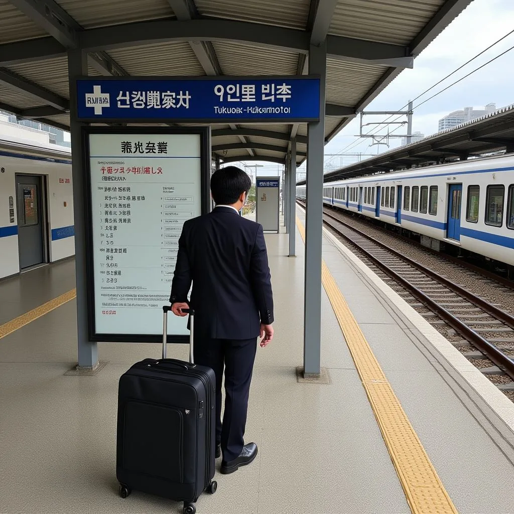 여행자가 일본 역에서 캐리어와 함께 열차 운행 정보를 확인하는 모습