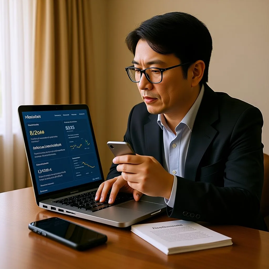 여행자가 노트북과 휴대전화로 기상·도로 공지를 대조하는 모습