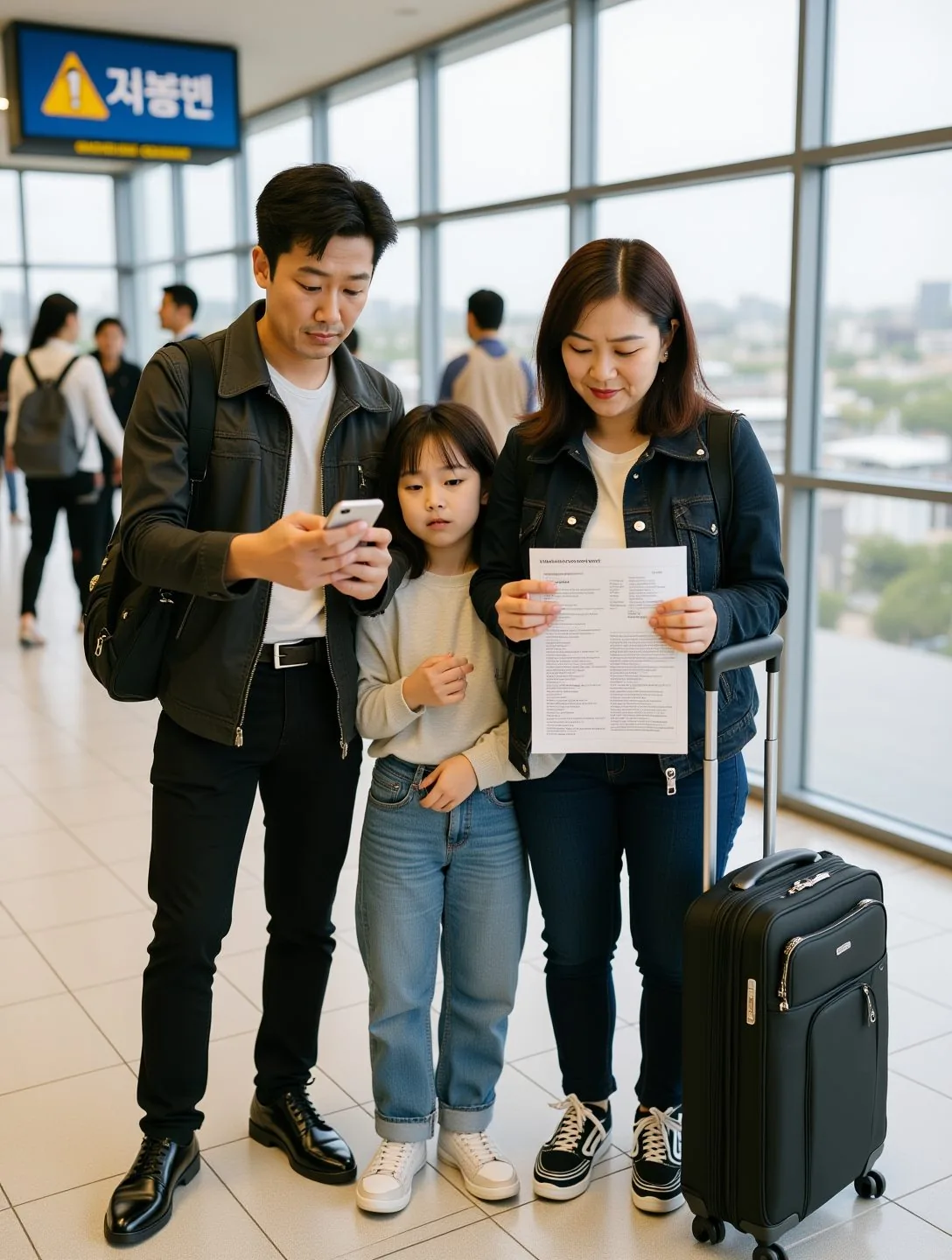 공항 출발과 도착 공지를 휴대전화로 대조하는 여행자