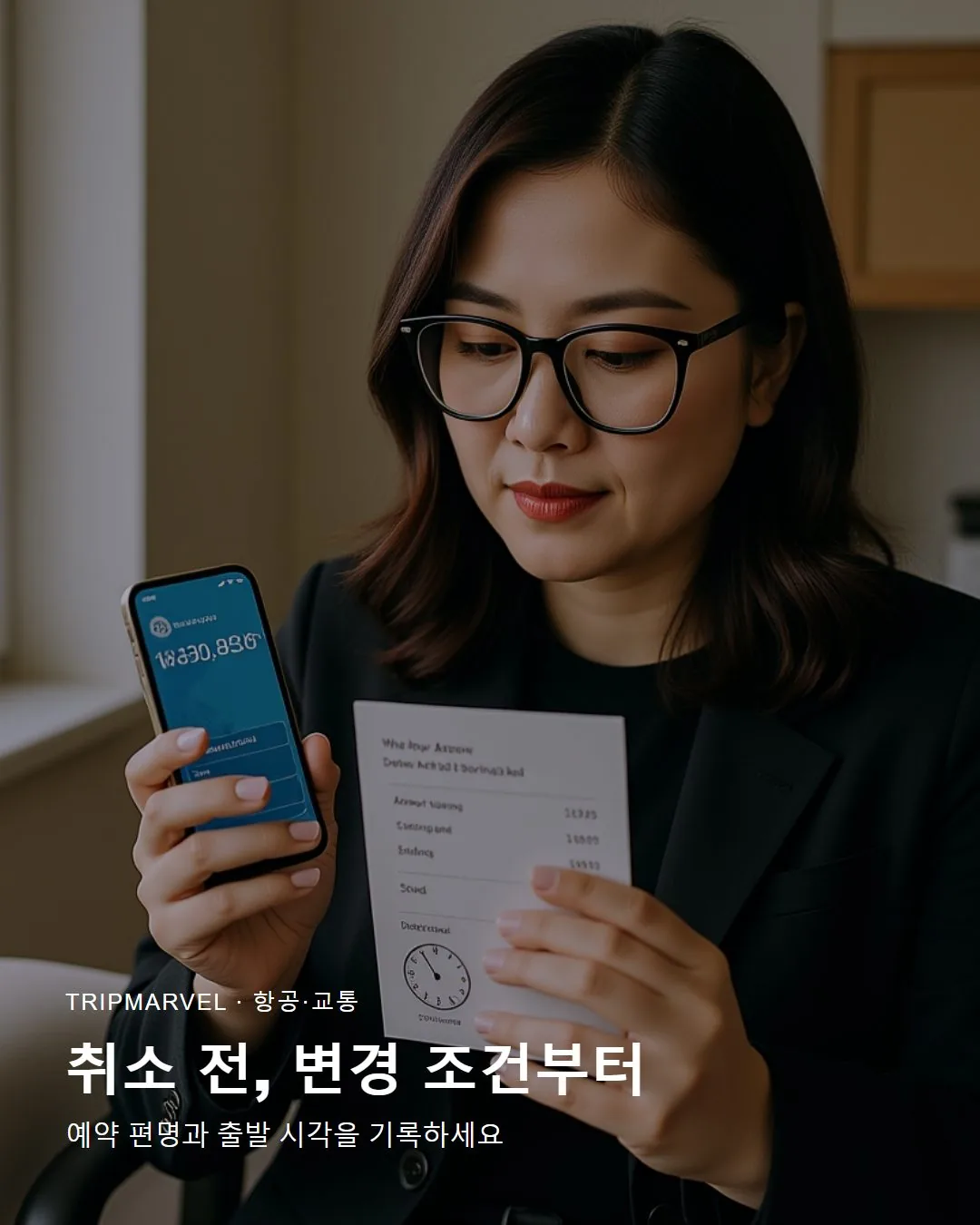 여행 서류를 들고 항공편 변경과 환불을 문의하는 여행자