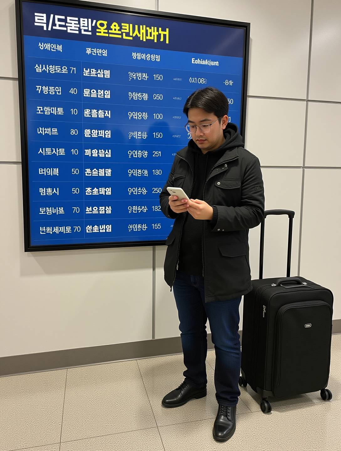 출발 공항 전광판의 정상·지연·취소·회항 상태와 항공사 앱의 같은 편명 알림을 여행자가 휴대폰으로 대조하는 서로 다른 화면 장면