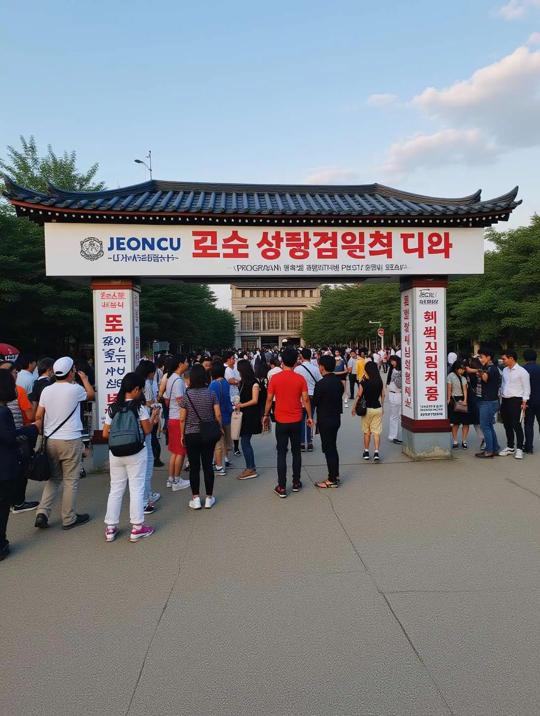 여름 저녁 전주가맥축제 행사장 입구에서 입장 안내를 확인하는 방문객