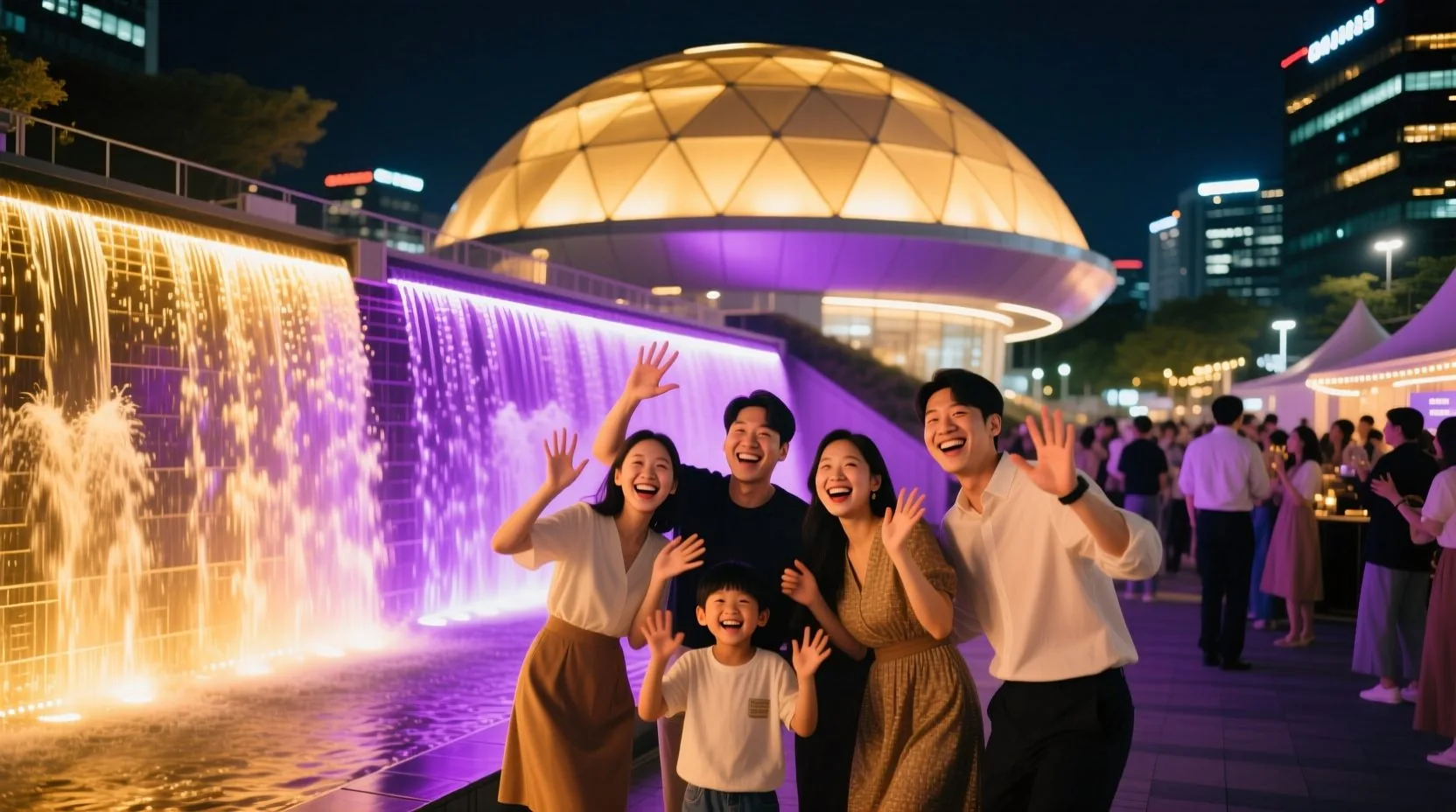 야간 방문 시간대를 선택했을 때 혼잡도 없이 LED 폭포 앞 포토존에서 가족과 친구들이 함께 사진을 찍는 장면