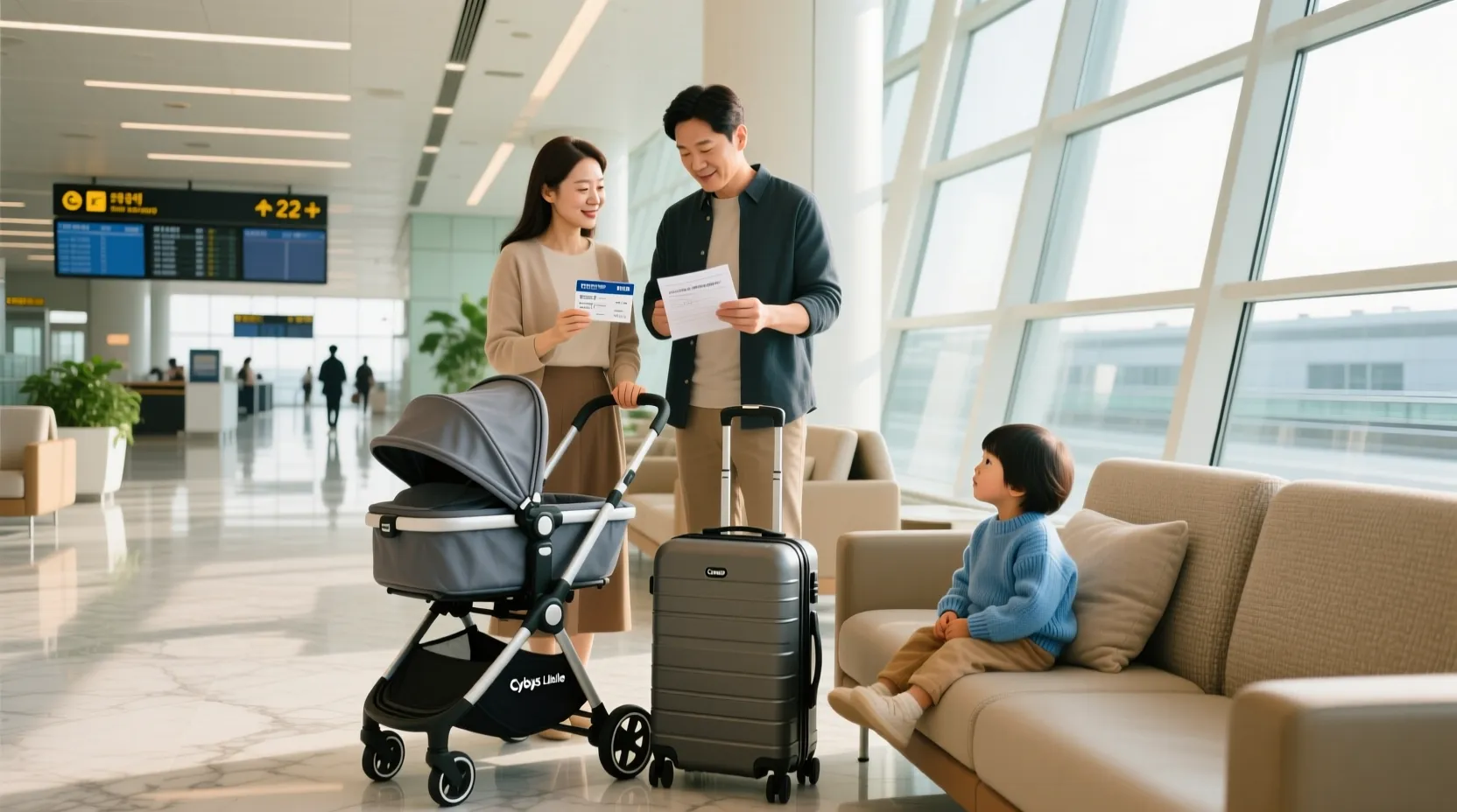 공항 라운지에서 기내반입 규정을 확인하며 폴딩된 유모차를 캐리어 옆에 준비하는 가족의 모습