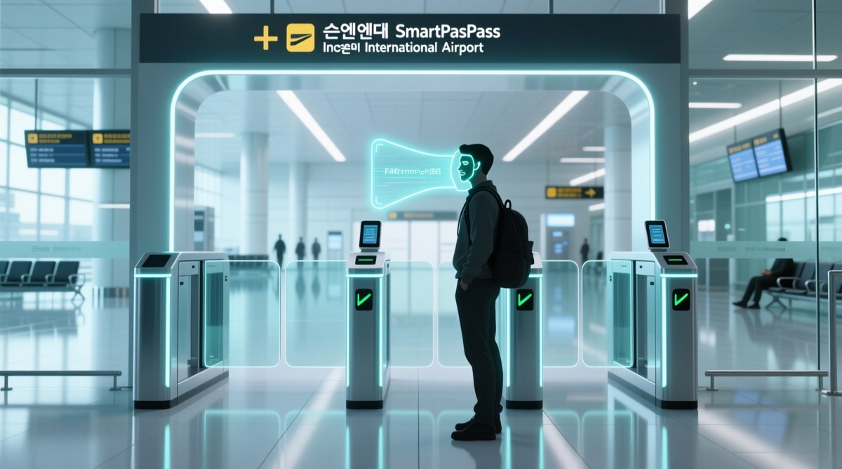 인천공항 스마트패스 전용 게이트의 안면인식 카메라를 바라보며 빠르게 출국장으로 통과하는 승객