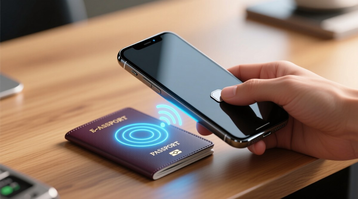 스마트폰 뒷면을 전자여권 커버에 밀착시켜 NFC 전자칩 데이터를 인식하는 모바일 등록 과정
