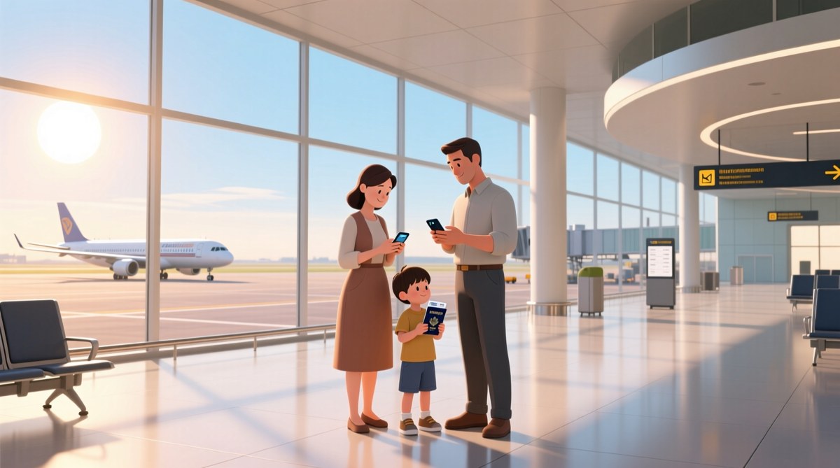 공항 터미널에서 태블릿과 여권을 챙기며 자녀와 함께 출국장 이동 경로를 확인하는 가족