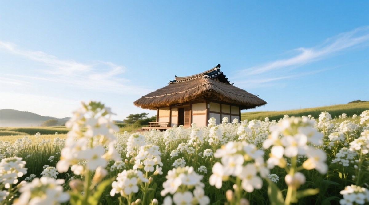 아침 순광 햇살을 받아 화사하게 빛나는 메밀꽃밭과 포토존 원두막 풍경