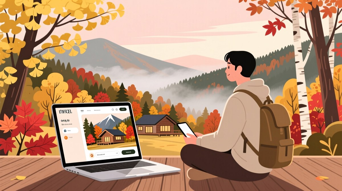 가을 숲속 휴양림 숙소를 배경으로 온라인 주말추첨 접수 일정을 확인하는 일러스트