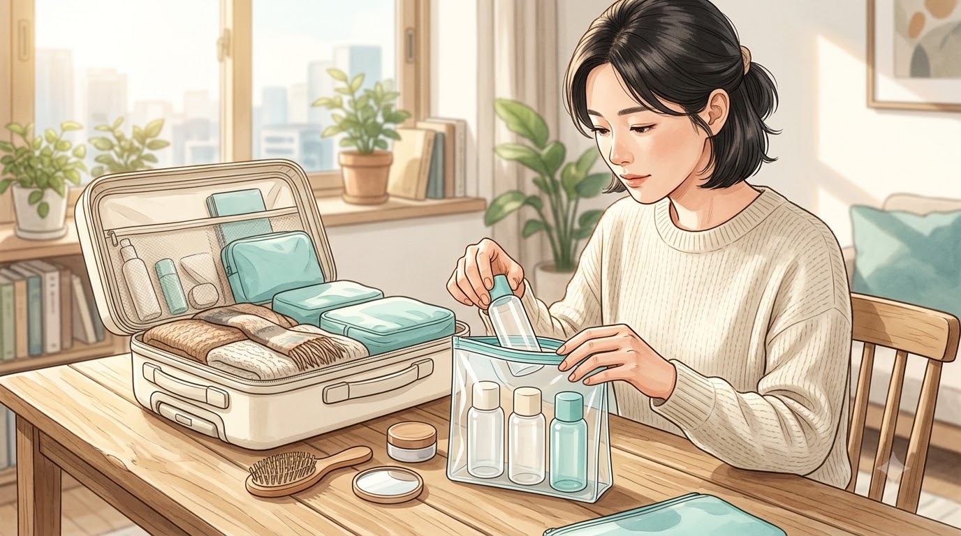 출국 전 화장품 용기를 확인하며 투명 지퍼백에 넣는 모습 — 여행 준비 장면 일러스트
