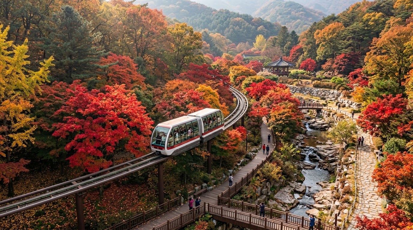 단풍 숲속을 가로지르는 낭만적인 모노레일 풍경