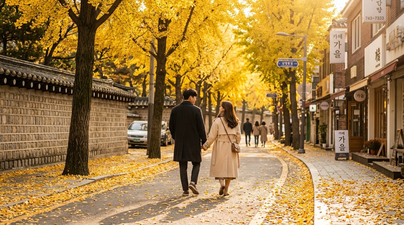 황금빛 은행나무 터널을 거닐며 가을의 정취를 만끽하는 연인의 모습