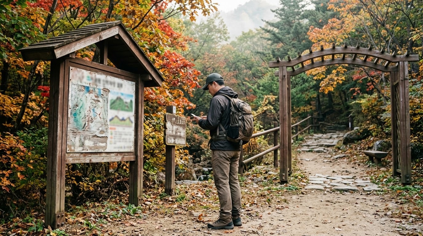숲길 입구에서 출발 전 정보를 살펴보는 등산객 · AI 제작 이미지 · 실제 촬영 사진 아님