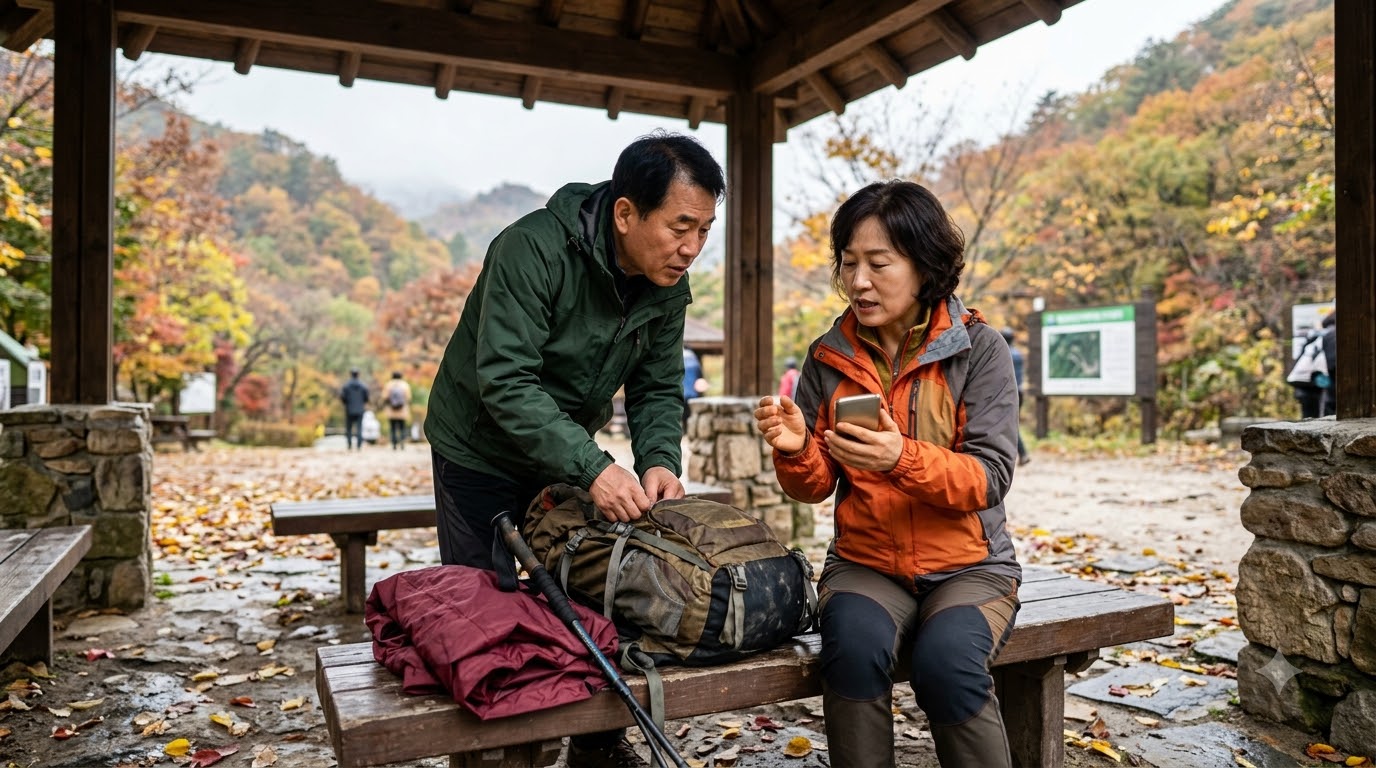 흐린 가을날 배낭과 우비를 점검하는 가족 등산객 · AI 제작 이미지 · 실제 촬영 사진 아님
