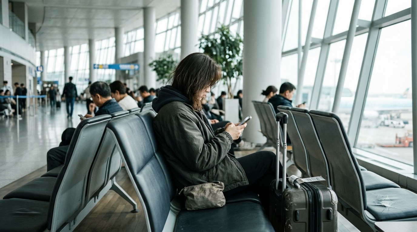 공항 대기 좌석에서 스마트폰을 확인하는 여행객