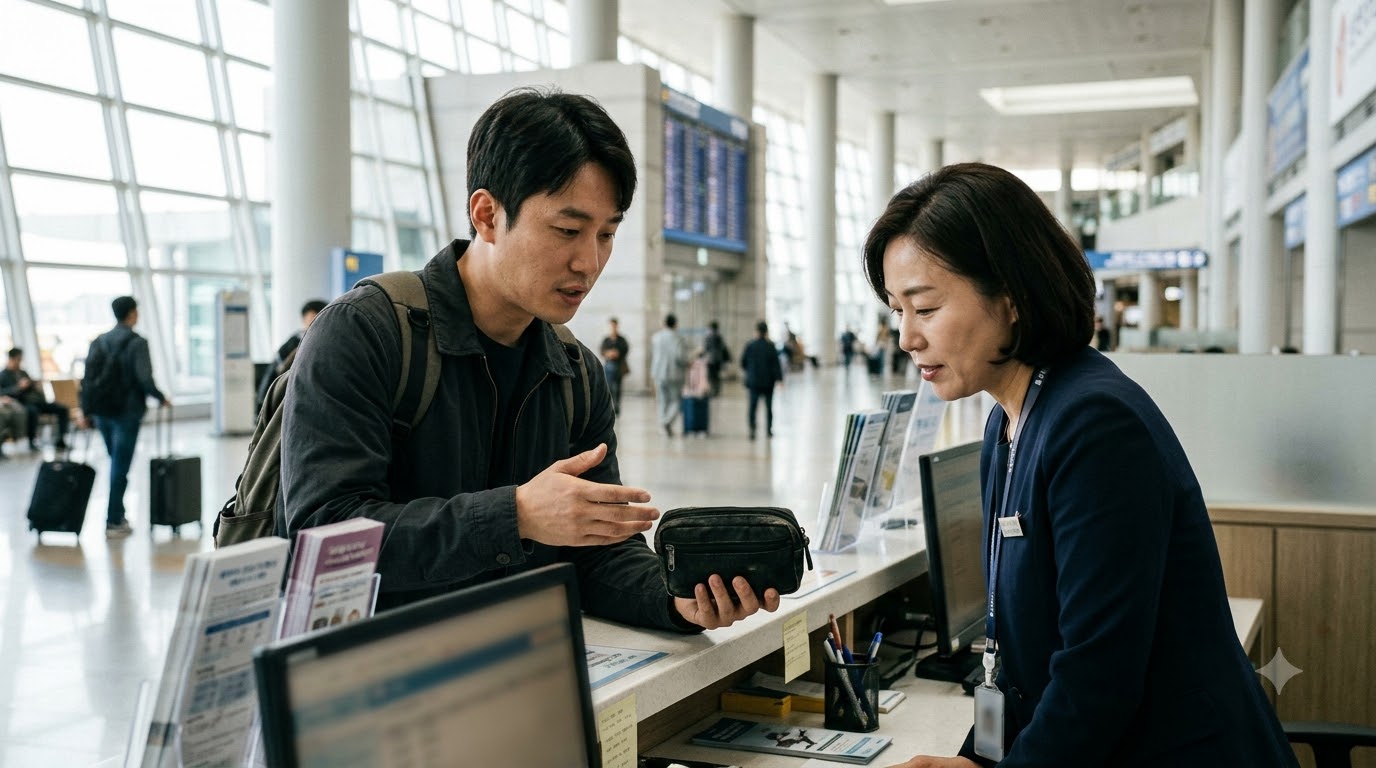 공항 카운터에서 파우치를 직원에게 보여주는 여행객