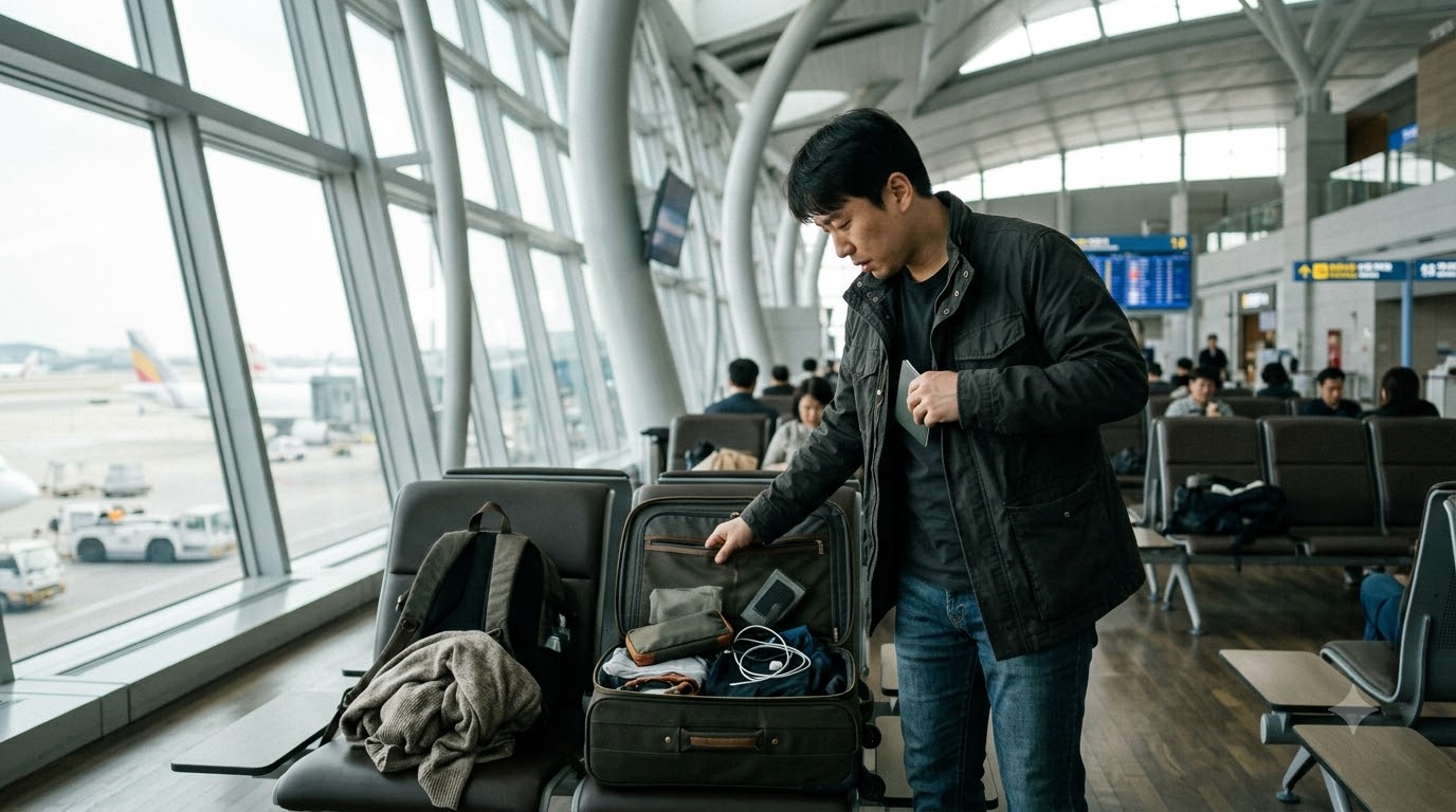 공항 대기 공간에서 열린 가방을 살펴보는 여행객