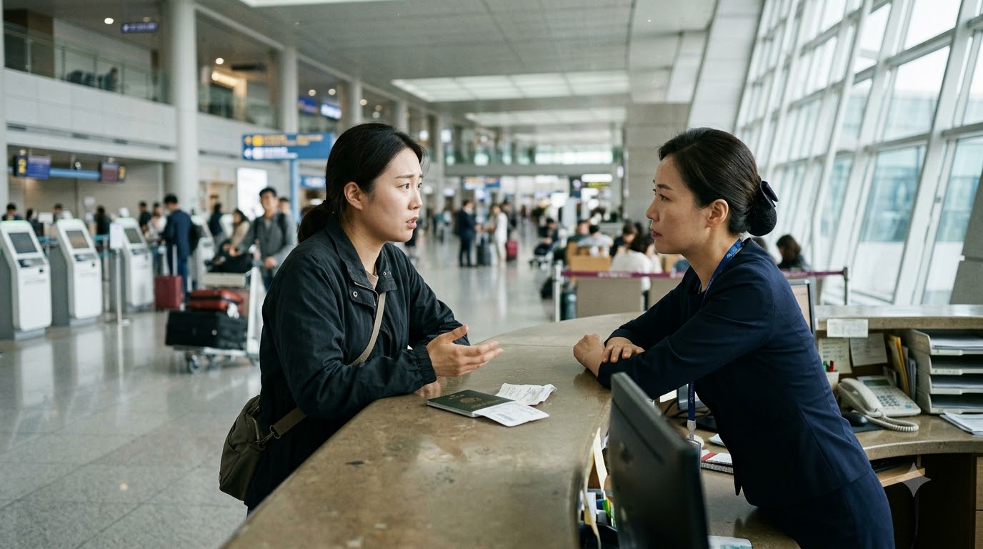 공항 카운터에서 직원과 대화하는 여행객