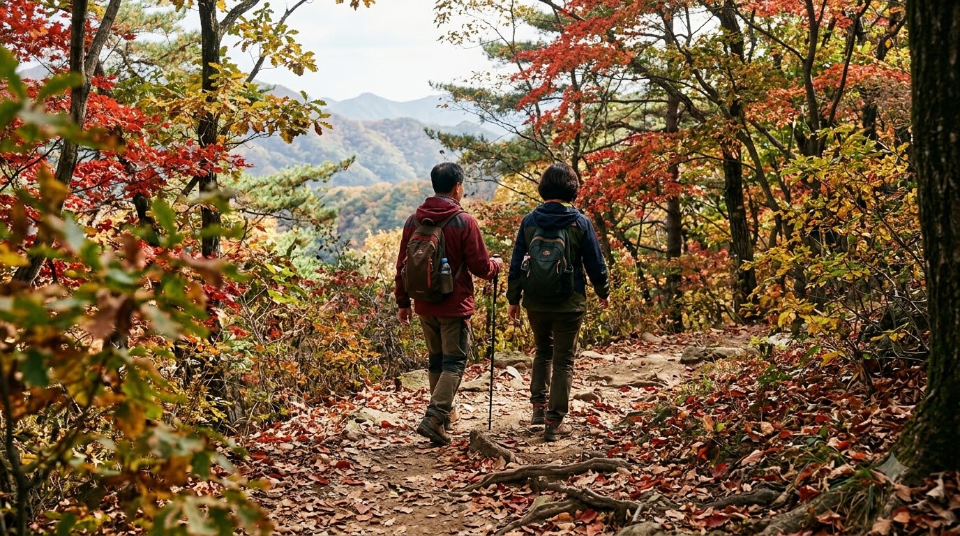 낙엽이 쌓인 숲길을 걷는 탐방객